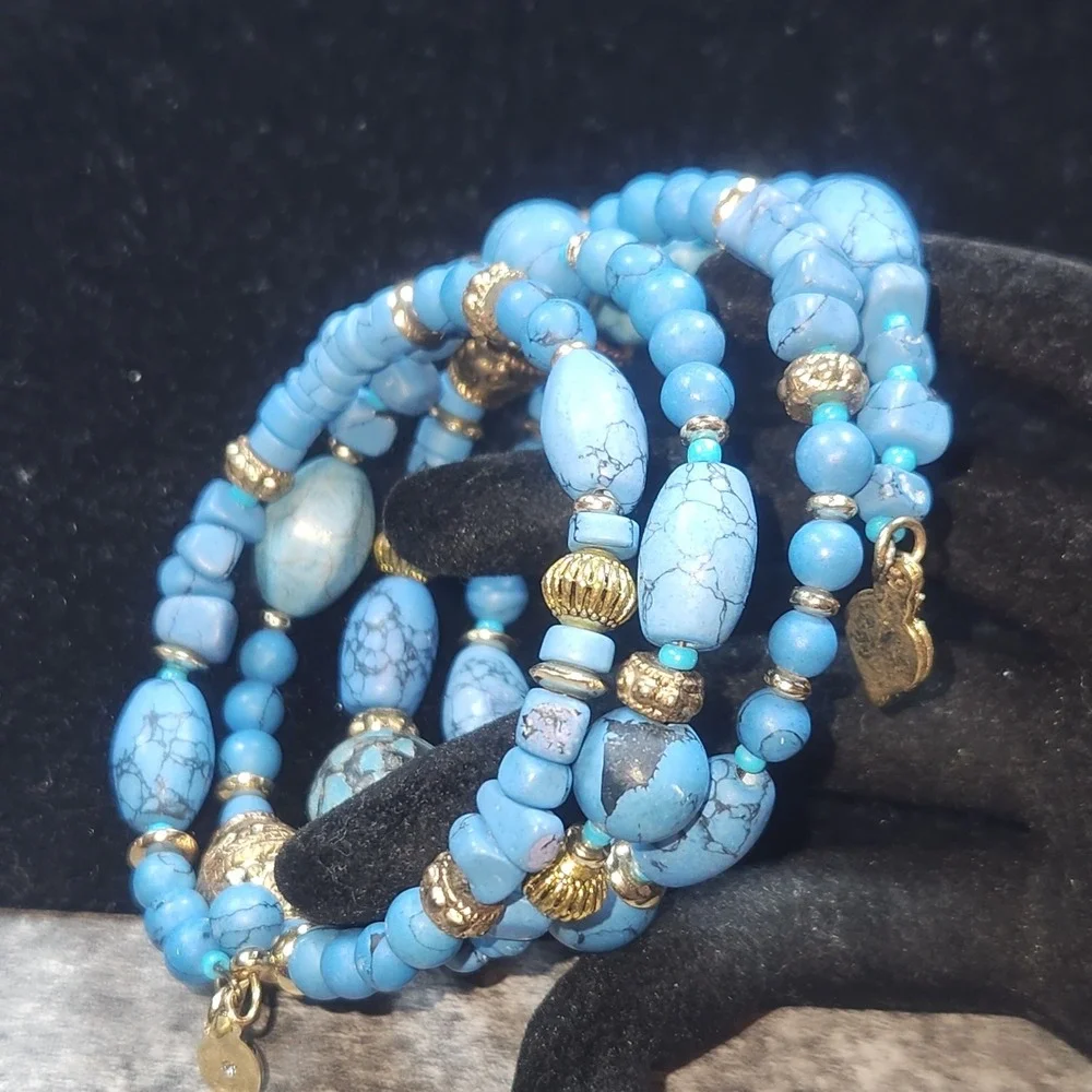 Chicos Blue Turquoise  color Multi Strand Wrap Bracelet Gold Tone Accents